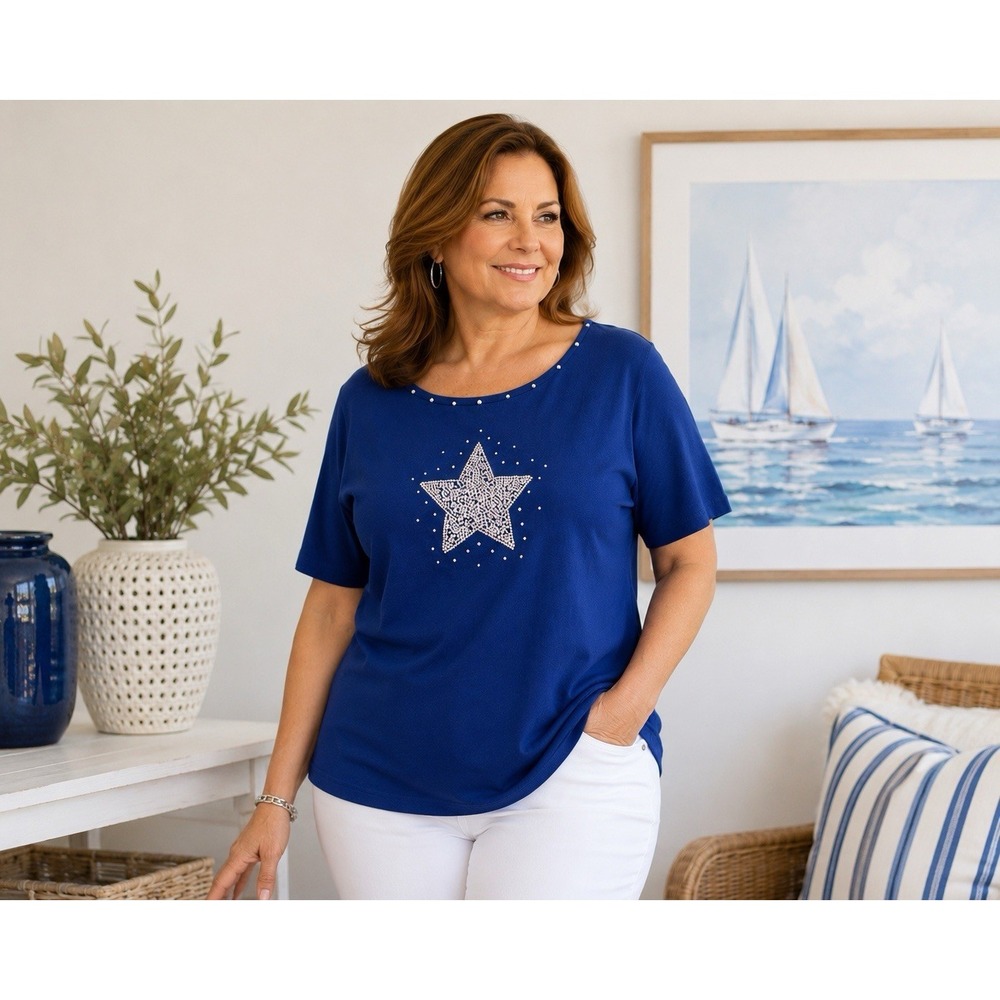 Quacker Factory Black Blue Rhinestone Star Top 2X Plus Round Neck Long Sleeves